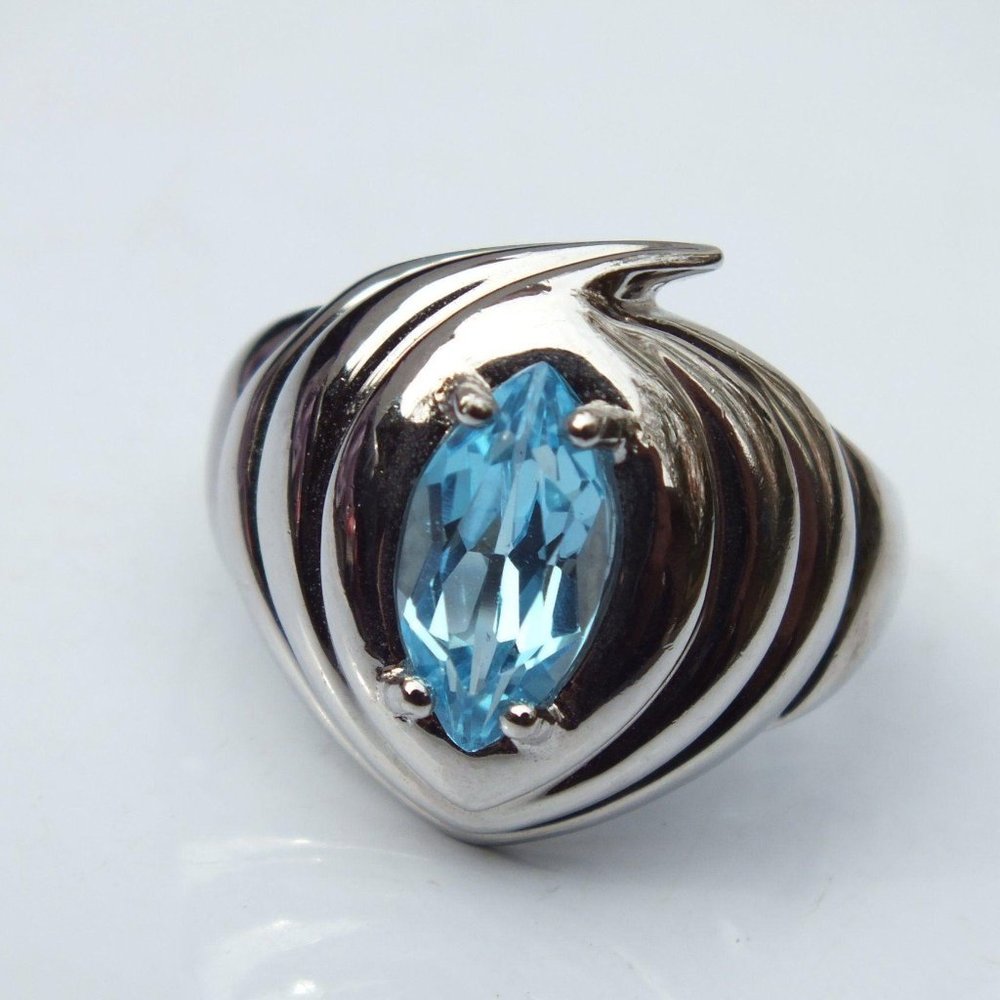 Sterling Silver Ring, Blue Sapphire, Marquise, Sz9